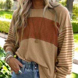 Chic Striped Beige and Brown Long Sleeve Top